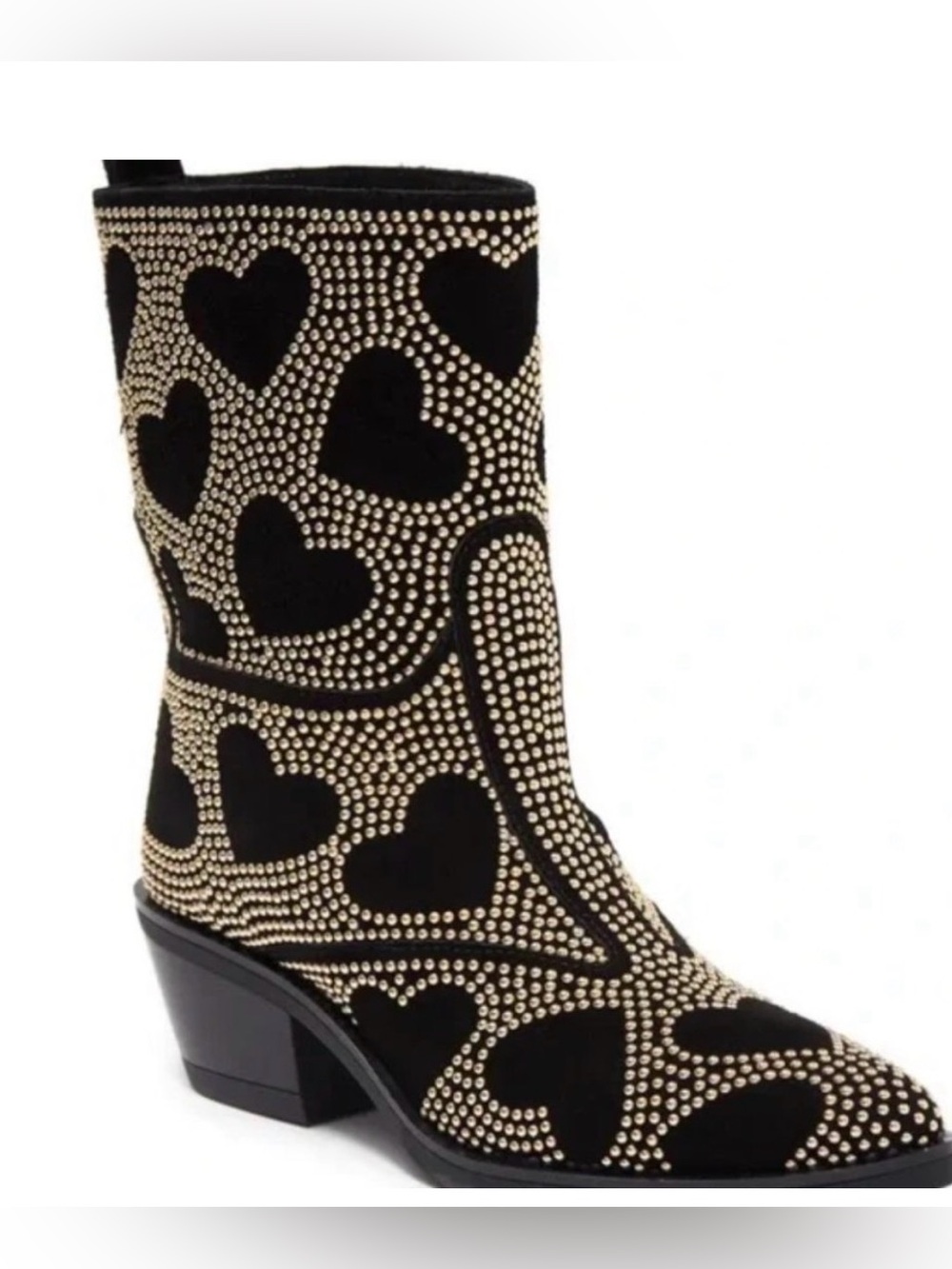 Moschino Black Suede Mid-Calf Boots with Gold Stud Hearts